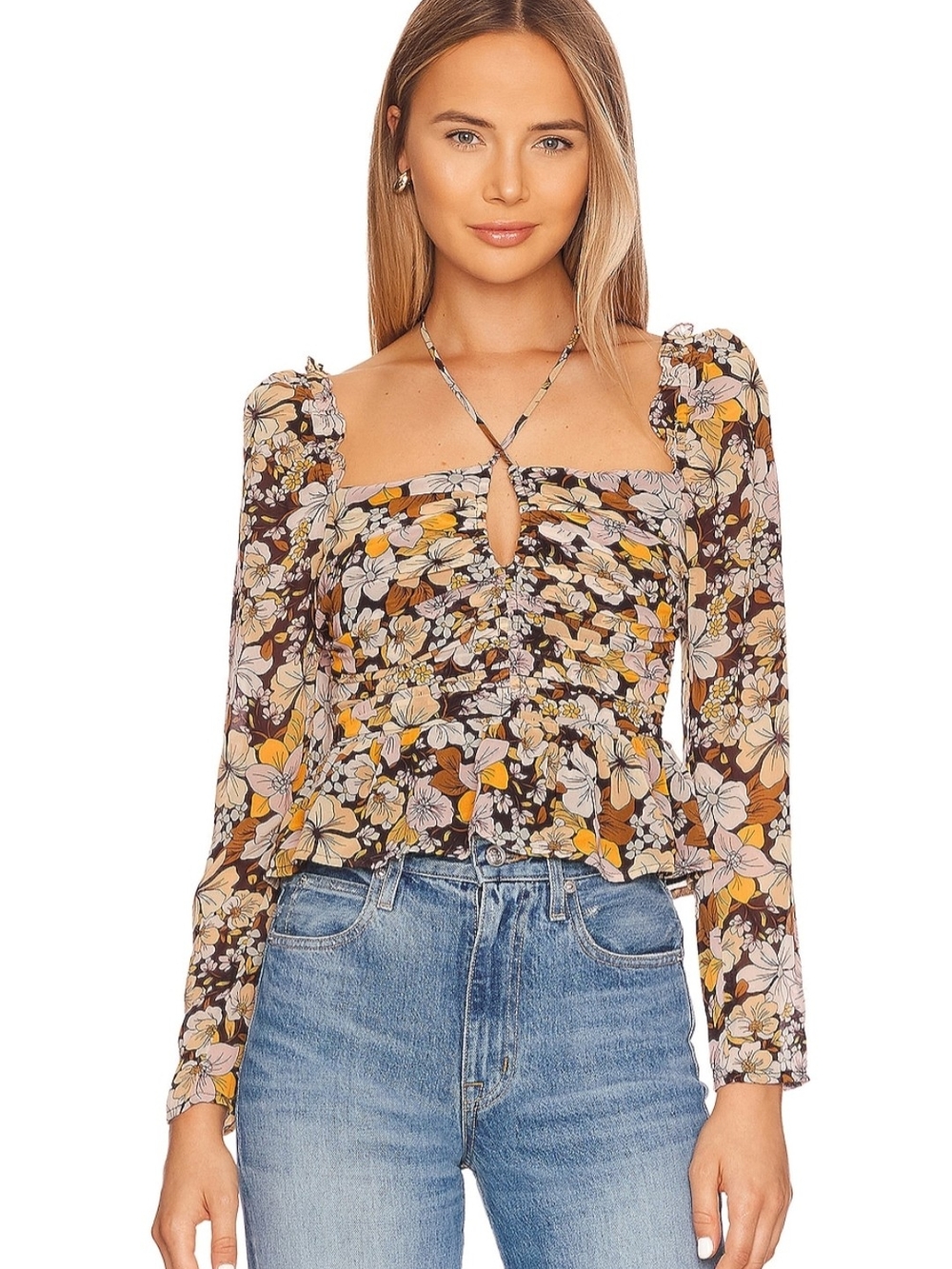 Astr Toni Floral Ruffle Tie-Front Blouse